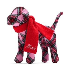 (Inventory 30) PINK Victoria's Secret Checkered Mini Dog with Bold Red Scarf